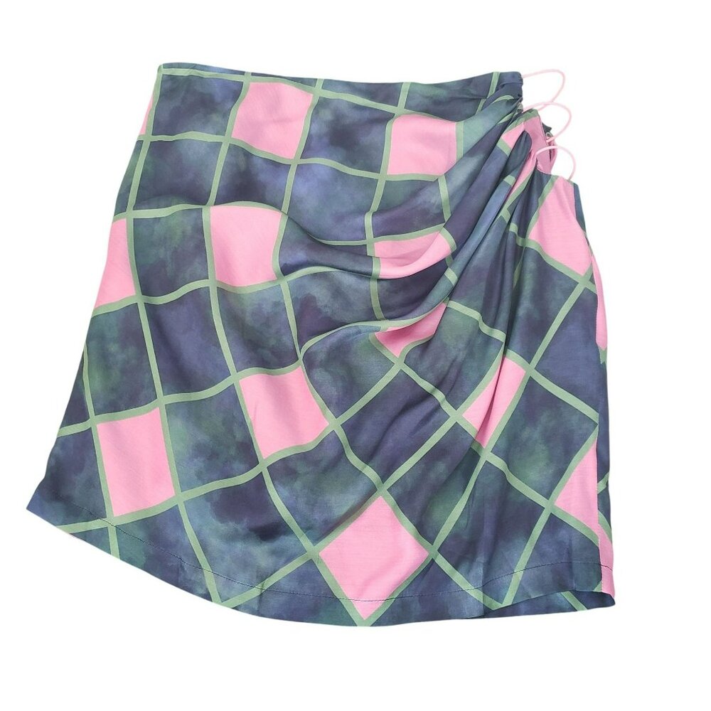 NEW Ahluwalia Side Cutout Ruched Satin Mini Skirt Pink Green Forest Fairy - Picture 6 of 13